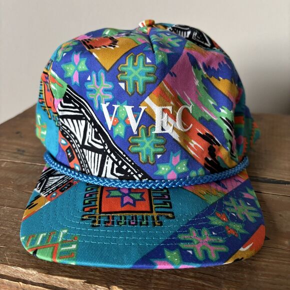 Vintage Colorful Tribal Aztec Trucker Hat All Over Geometric Print Strapback 90s - Picture 1 of 13